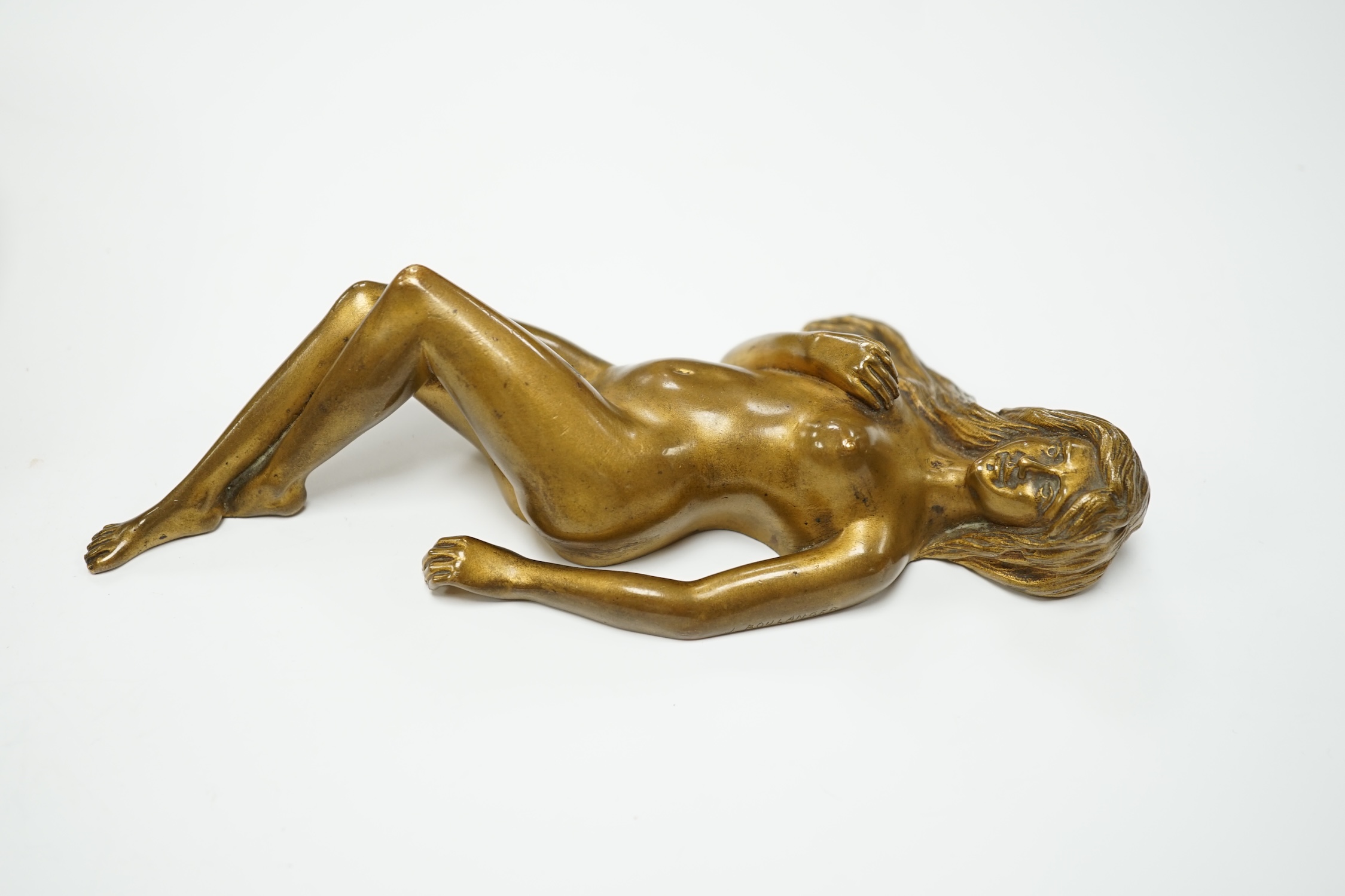 J. Boulanger, a filled bronze female nude, 19cm wide, and an ormolu circular casket, 15.5cm diameter